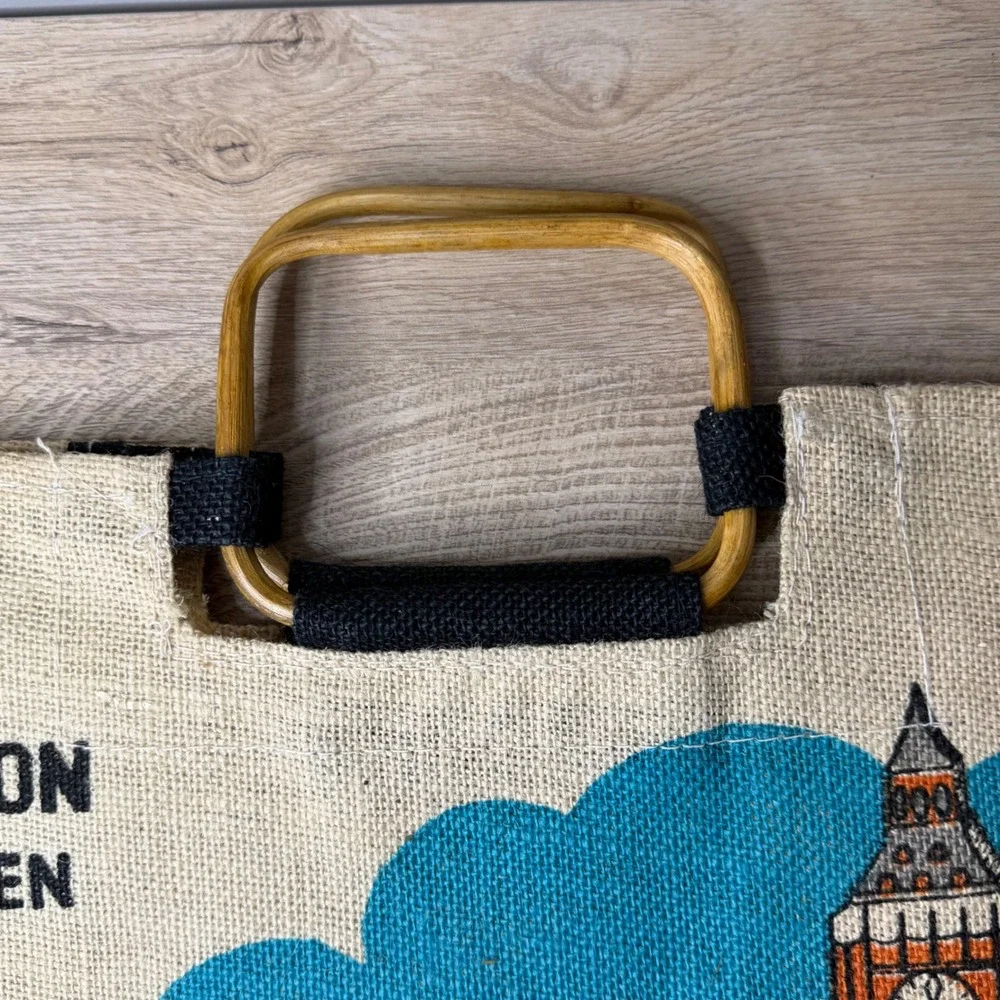 Greetings From London Big Ben Bus Souvenir Tote Bag Wooden Handle Retro Travel‎